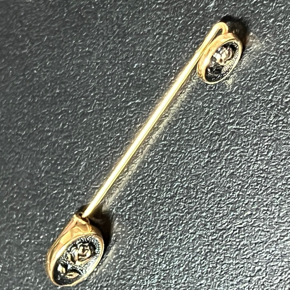 Vintage Rose Stick Pin Gold Tone Black Enamel Flower‎ Brooch